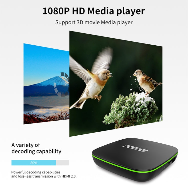 R69 สมาร์ททีวีบ็อกซ์ 1080P HD Android 4.4 เครื่องเล่นมีเดียพร้อมรีโมทคอนโทรล, Quad Core Allwinner H3, RAM: 1GB, ROM: 8GB, WiFi 2.4G, LAN, ปลั๊ก EU, 1GB+8GB