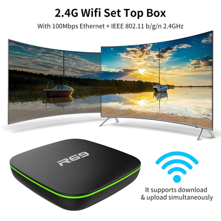 R69 สมาร์ททีวีบ็อกซ์ 1080P HD Android 4.4 เครื่องเล่นมีเดียพร้อมรีโมทคอนโทรล, Quad Core Allwinner H3, RAM: 1GB, ROM: 8GB, WiFi 2.4G, LAN, ปลั๊ก EU, 1GB+8GB