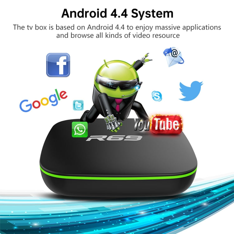R69 สมาร์ททีวีบ็อกซ์ 1080P HD Android 4.4 เครื่องเล่นมีเดียพร้อมรีโมทคอนโทรล, Quad Core Allwinner H3, RAM: 1GB, ROM: 8GB, WiFi 2.4G, LAN, ปลั๊ก EU, 1GB+8GB