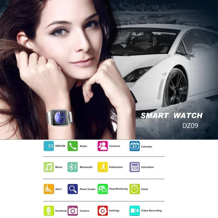 DZ09 สมาร์ทวอทช์โทรศัพท์หน้าจอ 1.56 นิ้ว บลูทูธ 3.0 ระบบ Android 4.1 ขึ้นไป รองรับการโทรบลูทูธ & แจ้งเตือนสายเรียกเข้า & ตรวจวัดการนอนหลับ & เครื่องนับก้าว & แจ้งเตือนนั่งนาน & ปฏิทิน & ข้อความ SMS & เครื่องเล่นเสียงและวิดีโอ & ฟังก์ชันป้องกันการสูญหาย