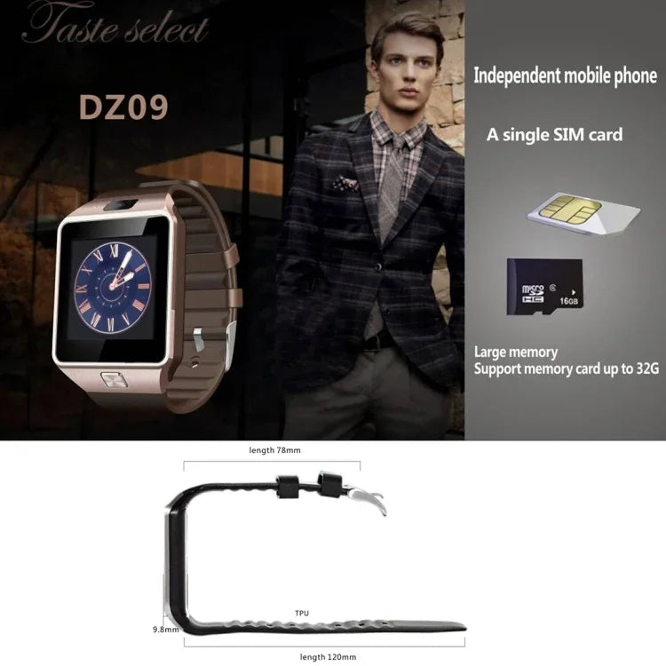 DZ09 สมาร์ทวอทช์โทรศัพท์หน้าจอ 1.56 นิ้ว บลูทูธ 3.0 ระบบ Android 4.1 ขึ้นไป รองรับการโทรบลูทูธ & แจ้งเตือนสายเรียกเข้า & ตรวจวัดการนอนหลับ & เครื่องนับก้าว & แจ้งเตือนนั่งนาน & ปฏิทิน & ข้อความ SMS & เครื่องเล่นเสียงและวิดีโอ & ฟังก์ชันป้องกันการสูญหาย