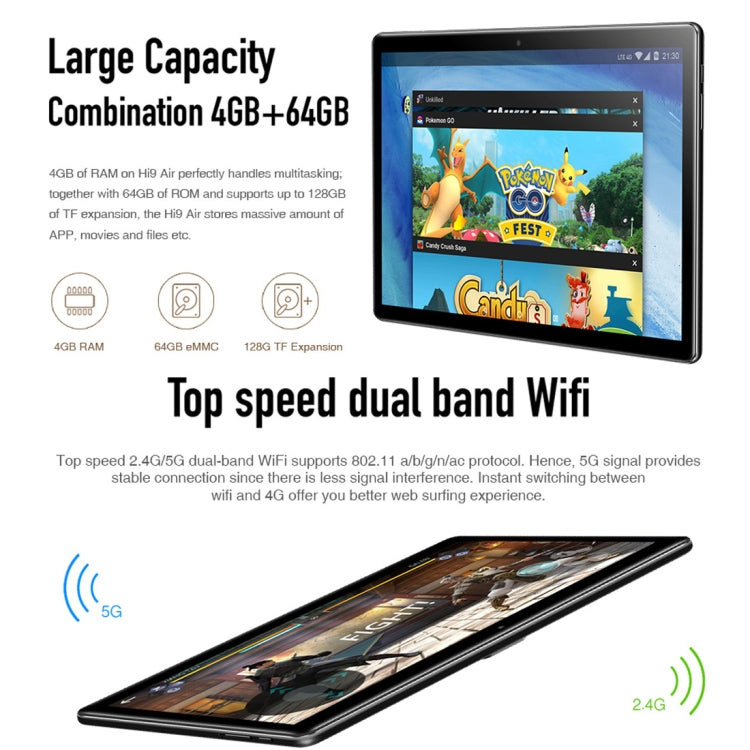 Android 8.0 MTK (Helio X27) Deca Core สูงสุด 2.1GHz รองรับ OTG FM Bluetooth WiFi สองย่านความถี่ เครือข่าย: 4G Hi9 Air 4GB+64GB