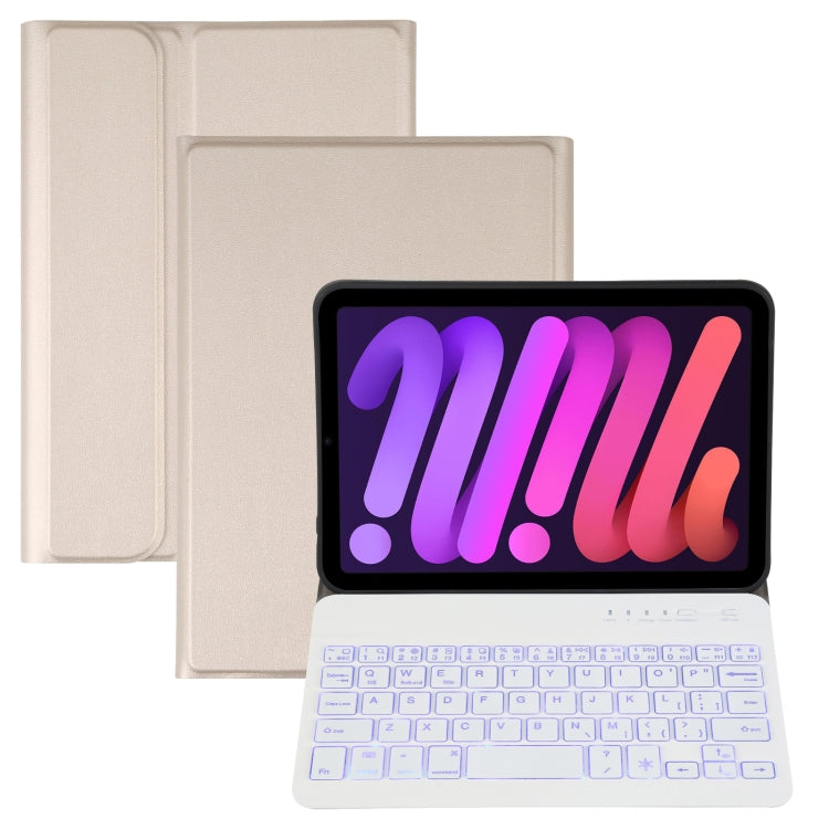 A06S เคสแท็บเล็ตหนังพร้อมคีย์บอร์ดบลูทูธ TPU บางพิเศษลายหนังแกะถอดแยกได้ พร้อมไฟแบ็คไลท์และขาตั้ง สำหรับ iPad mini 6 / mini 7, A06S