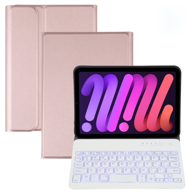 A06S เคสแท็บเล็ตหนังพร้อมคีย์บอร์ดบลูทูธ TPU บางพิเศษลายหนังแกะถอดแยกได้ พร้อมไฟแบ็คไลท์และขาตั้ง สำหรับ iPad mini 6 / mini 7, A06S