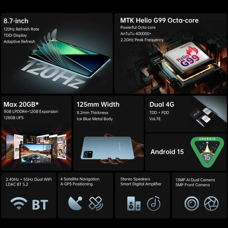แท็บเล็ต Teclast T50 Mini 4G LTE, 8GB+128GB, 8.7 นิ้ว Android 15 MediaTek Helio G99 Octa Core, รองรับซิมคู่, T50 Mini