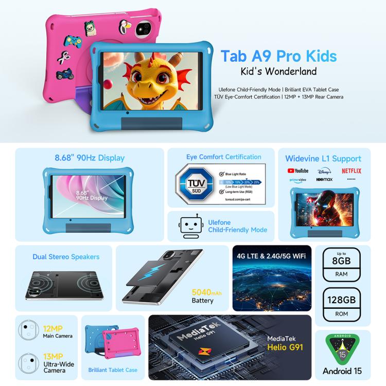 แท็บเล็ตสำหรับเด็ก Ulefone Tab A10 Pro, 6GB+128GB, หน้าจอ 8.68 นิ้ว Android 15 MediaTek Helio G91 Octa Core 4G Network, ปลั๊ก EU