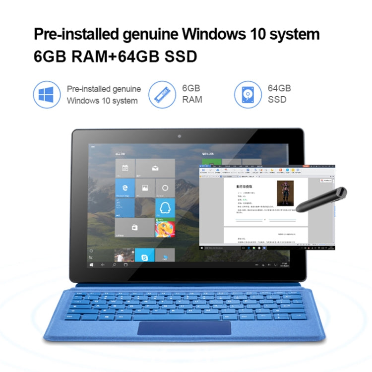 ระบบ Windows 10, Intel Gemini Lake N4120 Quad Core ความเร็วสูงสุด 2.6GHz, พร้อมคีย์บอร์ดและปากกาสไตลัส, รองรับ WiFi สองย่านความถี่, Bluetooth, การ์ด TF และ HDMI, ปลั๊กสหรัฐอเมริกา, W10 พร้อมคีย์บอร์ดและปากกาสไตลัส