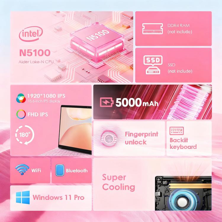 GXMO T152J แล็ปท็อป 15.6 นิ้ว, ไม่มีหน่วยความจำ, Windows 11 Pro Intel Celeron N5100 Quad Core, รองรับสแกนลายนิ้วมือปลดล็อก, ปลั๊ก US, ไม่มีหน่วยความจำ, ปลั๊ก US