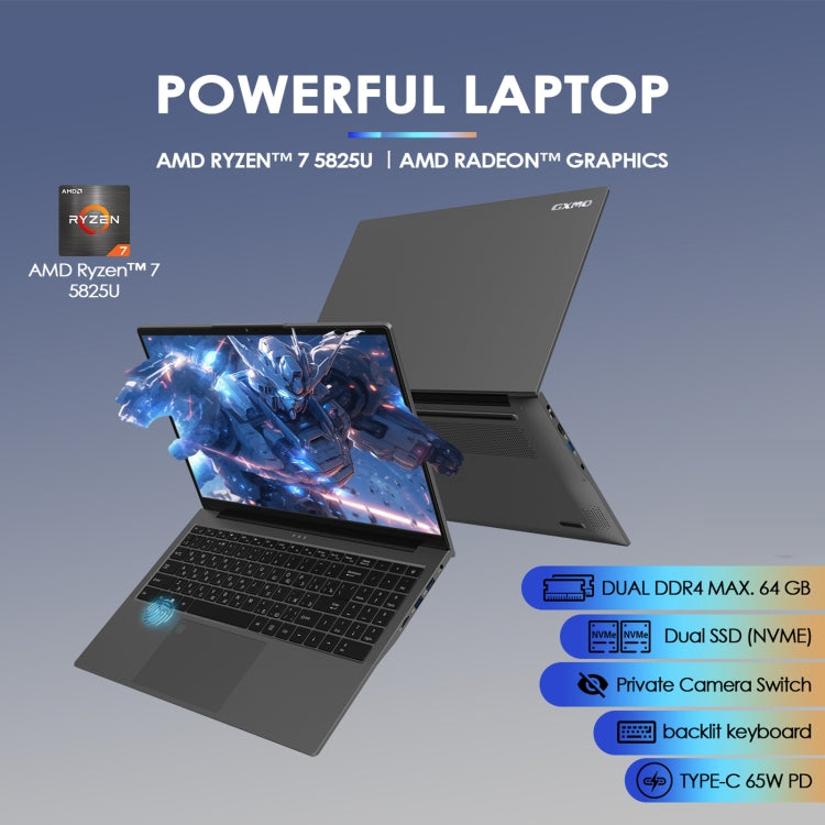GXMO G156 แล็ปท็อป 15.6 นิ้ว, 16GB+512GB, Windows 11 AMD Ryzen 7 5825U Octa Core, รองรับสแกนลายนิ้วมือปลดล็อก, ปลั๊ก US, 32GB+1TB