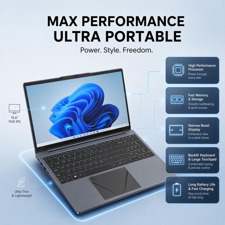 E157 15.6 inch Lightweight Laptop, 8GB+256GB, Windows 11 Intel Alder Lake N100 Quad Core, US Plug, Intel N100