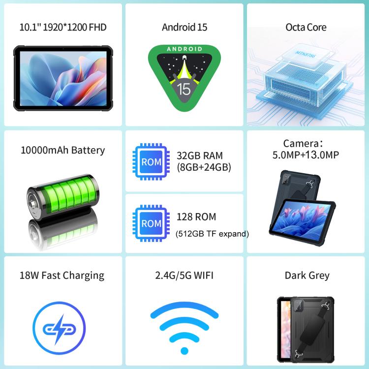 แท็บเล็ต PC กันน้ำกันกระแทก UNIWA UTAB R1040 IP67, 8GB+128GB, 10.1 นิ้ว Android 15 Mediatek MT8786 Octa Core, เครือข่าย: 4G, ปลั๊ก US, UTAB R1040