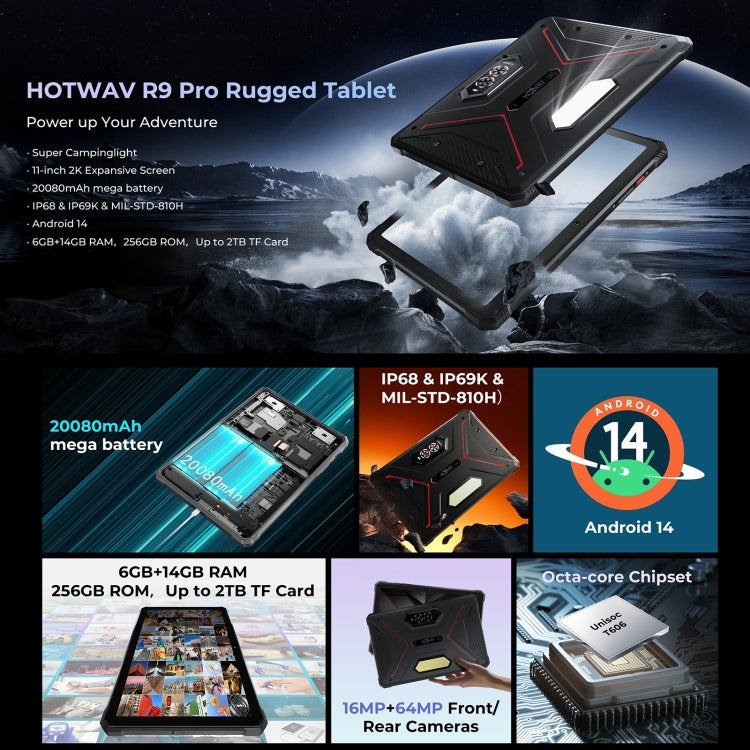 แท็บเล็ตกันกระแทก HOTWAV Tab R9 Pro IP68/IP69K, 6GB+256GB, 11 นิ้ว Android 14 Unisoc T606 Octa Core 4G Network, เวอร์ชันทั่วโลกพร้อม Google Play, ปลั๊ก EU, Tab R9 Pro