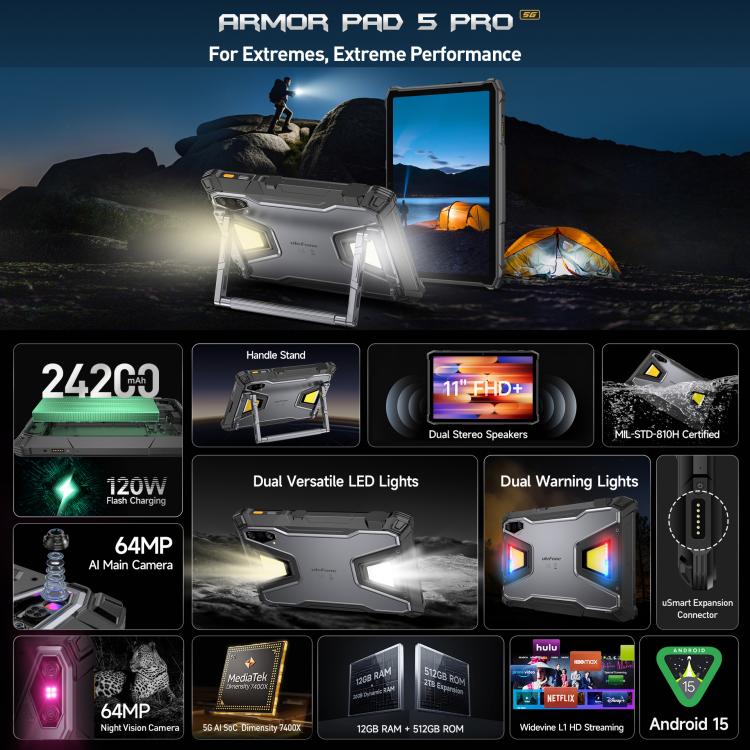 แท็บเล็ตกันกระแทก Ulefone Armor Pad 5 Pro, 12GB+512GB, 11 นิ้ว Android 15 MediaTek Dimensity 7400X Octa Core 5G, ปลั๊ก EU, Armor Pad 5 Pro