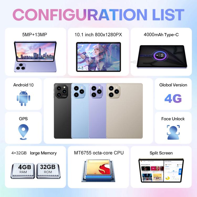 ชุดแท็บเล็ต Pad 8 Pro ขนาด 10.1 นิ้ว 4G LTE, 4GB+32GB, Android 10 MT6755 Octa Core พร้อมคีย์บอร์ด / เมาส์ / เคสหนัง ปลั๊ก EU ปลั๊ก EU