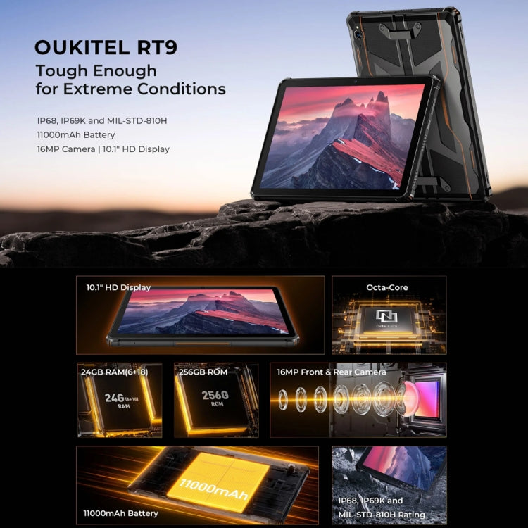 แท็บเล็ตกันกระแทก OUKITEL RT9 4G Network IP68/IP69K, 6GB+256GB, 11 นิ้ว Android 14 Unisoc T606 Octa-Core รองรับซิมคู่, ปลั๊ก EU, RT9 6GB+256GB