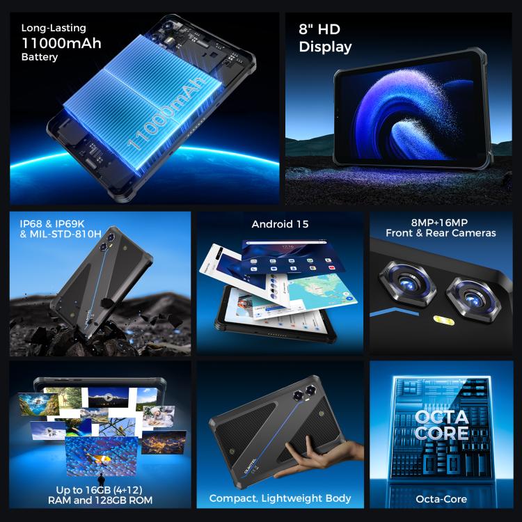 แท็บเล็ตกันกระแทก OUKITEL RT3 Plus 4G Network IP68/IP69K, 4GB+128GB, หน้าจอ 8.0 นิ้ว Android 15 MediaTek G81 Octa-Core รองรับซิมคู่, ปลั๊ก EU, RT3 Plus 4GB+128GB