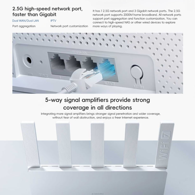 เราเตอร์ Xiaomi BE5000 WiFi 7 MLO 2.4GHz 5.0GHz สองย่านความถี่ พอร์ต 2.5G RAM 512MB รีพีตเตอร์ ปลั๊กสหรัฐอเมริกา BE5000