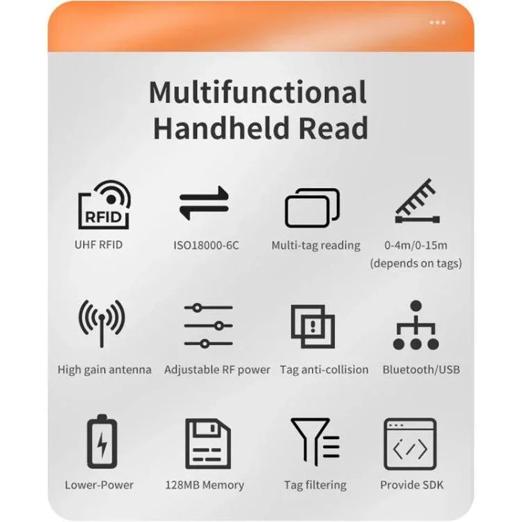 เครื่องอ่านบลูทูธพกพาแบบมือถือ RFID UHF ระยะไกล, สไตล์: มาตรฐาน + หัว 2D, มาตรฐาน + หัว 2D, ปลั๊ก EU, มาตรฐาน + หัว 2D, ปลั๊ก US, มาตรฐาน + หัว 2D, ปลั๊ก UK