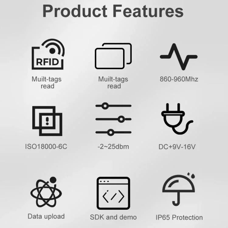 เครื่องอ่าน/เขียน RFID แท็กอิเล็กทรอนิกส์ UHF พร้อมเสาอากาศ 7dbi แบบบูรณาการ, รูปแบบ: พอร์ต RS232, พอร์ต RS232