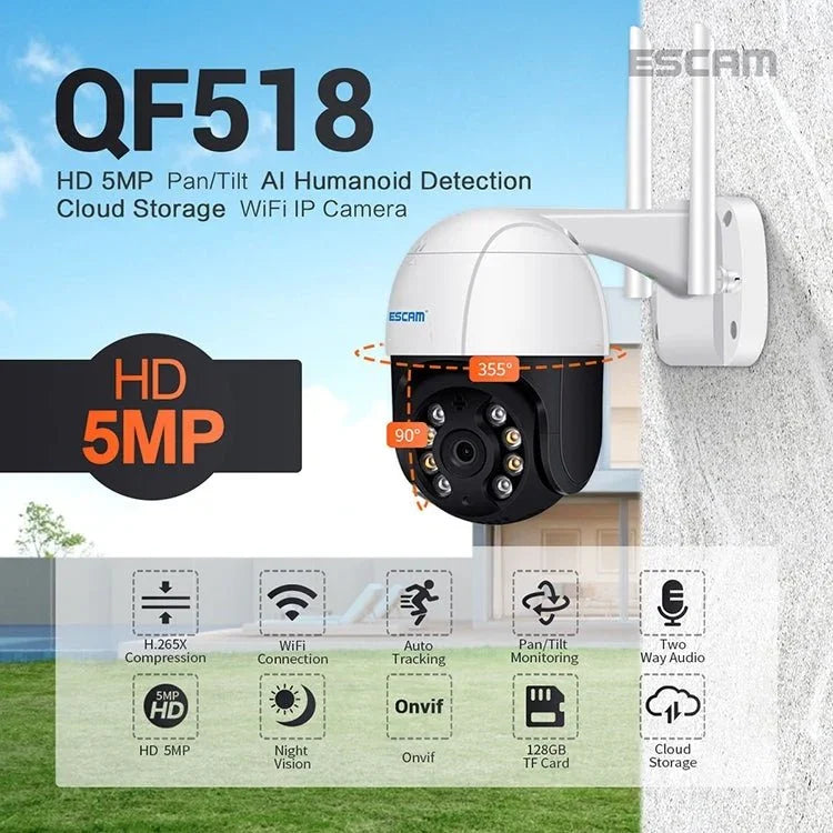 ESCAM QF518 5MP Smart WiFi IP Camera, Support AI Humanoid Detection / Auto Tracking / Dual Light Night Vision / Cloud Storage / Two Way Audio / TF Card - Trustpick