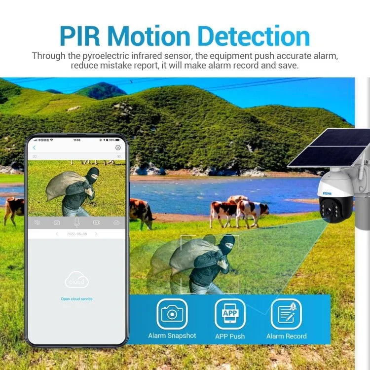 ESCAM QF724 3MP 24h Recording Cloud Storage PT 4G PIR Alarm IP Camera with Solar Panel - Trustpick